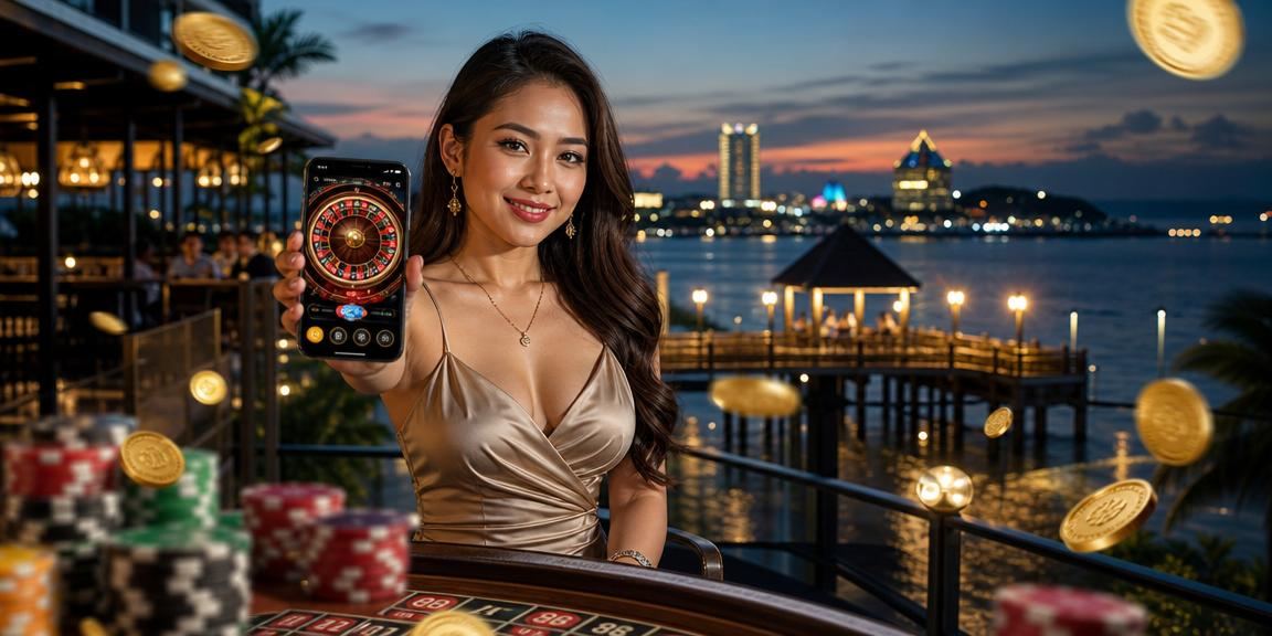 Meja permainan kasino bergaya Malaysia dengan nuansa merah dan emas